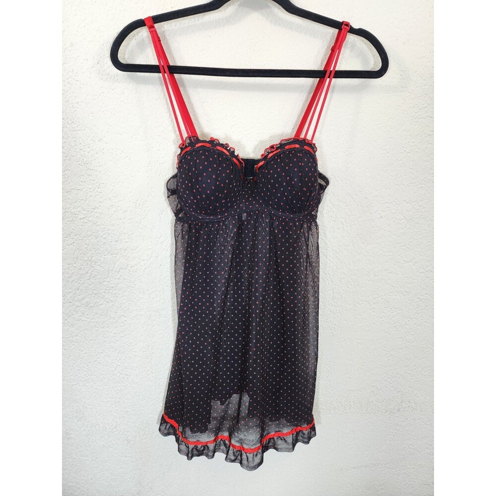 Per Lei Black Red Polka Dot Mesh Babydoll Lingerie Chemise S Underwire Ruffle